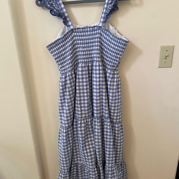 SHABBY CHIC BLUE GINGHAM EMBROIDERED LACE MAXI DRESS SHORT SLEEVE GRANDMA CORE - Picture 9 of 10